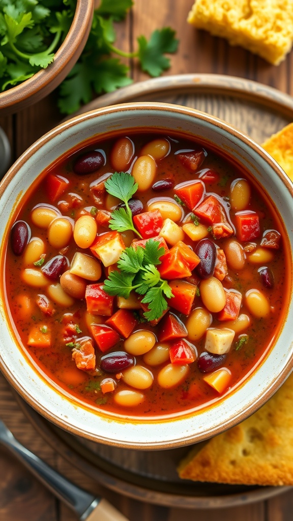 A steaming bowl of two bean chili with kidney beans and black beans, garnished with cilantro, alongside cornbread.